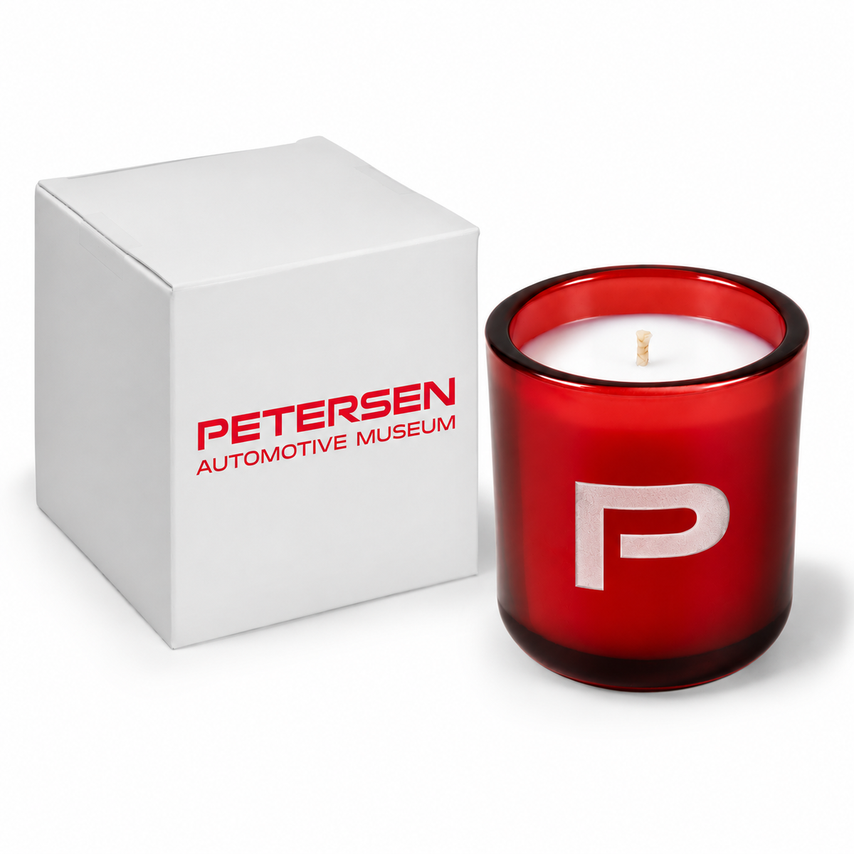 True red 3 oz Mini Signature candle with a custom printed logo, shown beside its gift box.