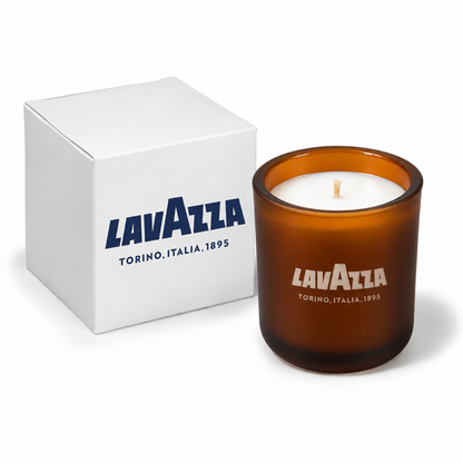 Amber frosted 3 oz Mini Signature candle with a custom printed logo, shown beside its gift box.