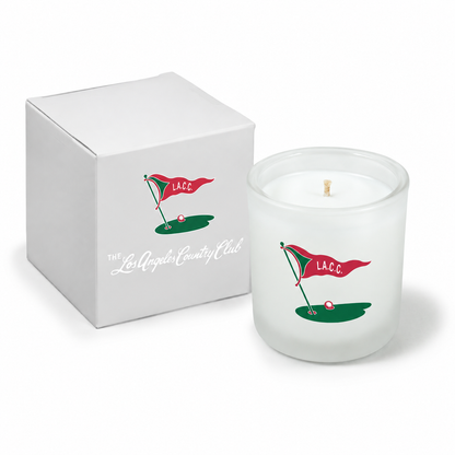 Frosted 3 oz Mini Signature candle with a custom printed logo, shown beside its gift box.