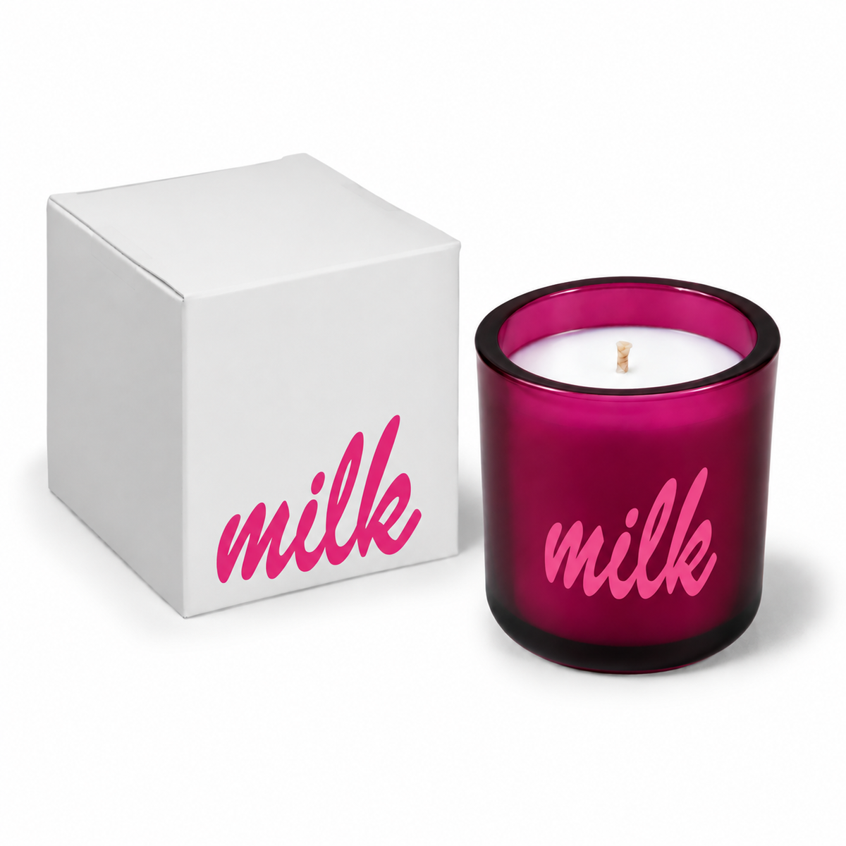 Magenta 3 oz Mini Signature candle with a custom printed logo, shown beside its gift box.