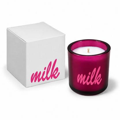 Magenta 3 oz Mini Signature candle with a custom printed logo, shown beside its gift box.
