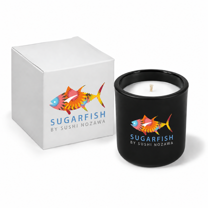 Jet black 3 oz Mini Signature candle with a custom printed logo, shown beside its gift box.