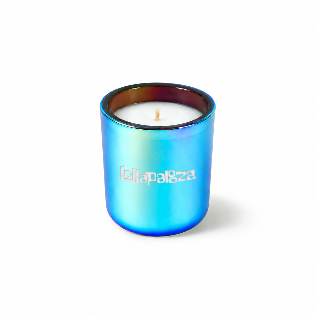 Chromatic blue 3 oz Mini Signature candle with a custom printed logo, shown on its own.