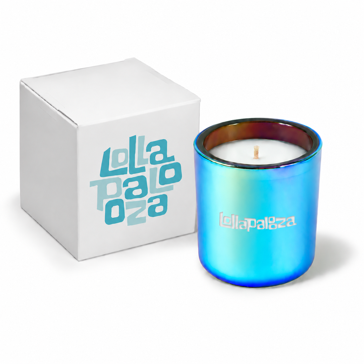 Chromatic blue 3 oz Mini Signature candle with a custom printed logo, shown beside its gift box.