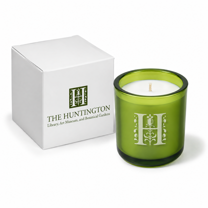 Verdant green 3 oz Mini Signature candle with a custom printed logo, shown beside its gift box.
