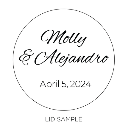 A sample of the wooden lid for the "Wedding Photo Candle" by Custom Candles L.A. features two names "Molly & Alejandro" along with a date "April 5, 2024"—making it the perfect wedding gift.