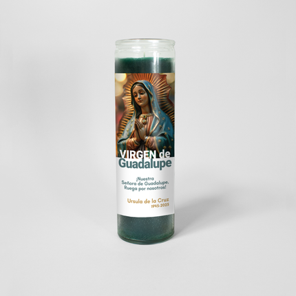  This 16 oz prayer candle from Custom Candles LA features a dark green wax in a tall glass container. The label showcases the Virgen de Guadalupe, with a Spanish prayer and a personalized tribute: "Ursula de la Cruz 1945-2025."