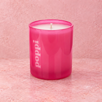 Pink 9 oz. Classic Engraved Candle with a custom engraved logo, unlit.