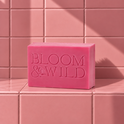 Pink rectangle bar soap laser engraved with a brand logo, 3.25 oz