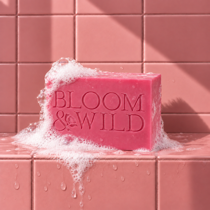 Pink rectangle bar soap laser engraved with a brand logo, 3.25 oz, with soap bubbles