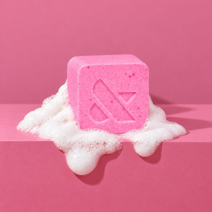 Pink custom bath bomb with a debossed brand logo on a pink backdrop, resting in white foam