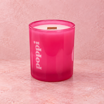 Pink 14 oz. Luxury Engraved Candle with a custom engraved logo, unlit.