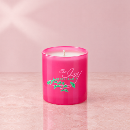 Pink 9 oz. Classic Printed Candle with a custom printed logo, unlit.