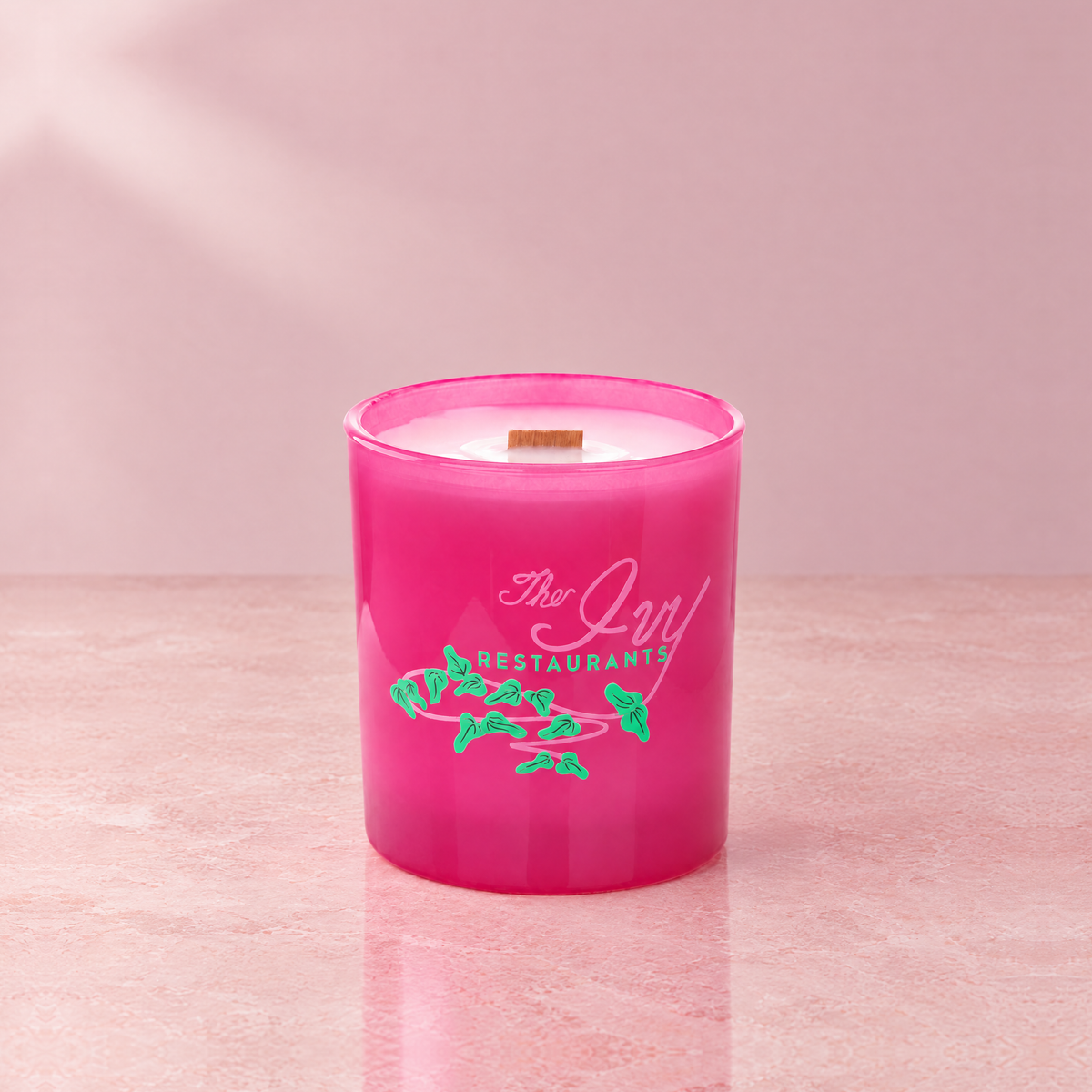 Pink 14 oz. Luxury Printed Candle with a custom printed logo, unlit.