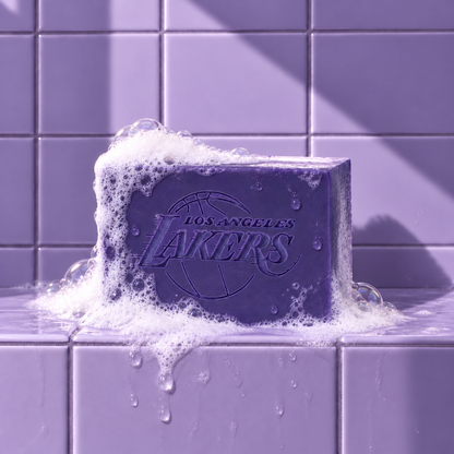 Purple rectangle bar soap laser engraved with a brand logo, 3.25 oz, with soap bubbles
