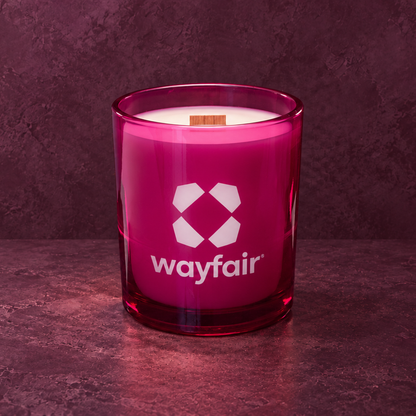 Purple 14 oz. Luxury Engraved Candle with a custom engraved logo, unlit.