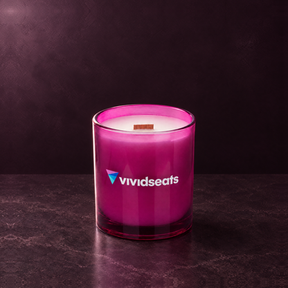 Purple 14 oz. Luxury Printed Candle with a custom printed logo, unlit.