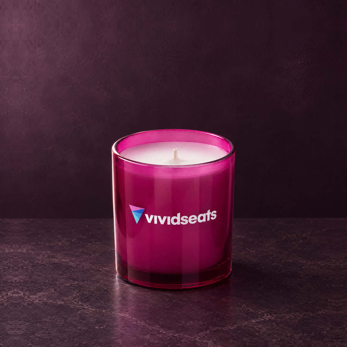 Purple 9 oz. Classic Printed Candle with a custom printed logo, unlit.