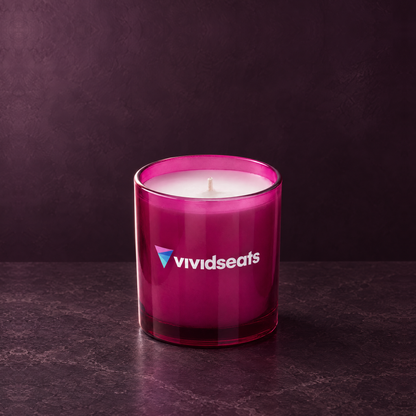 Purple 9 oz. Classic Printed Candle with a custom printed logo, unlit.