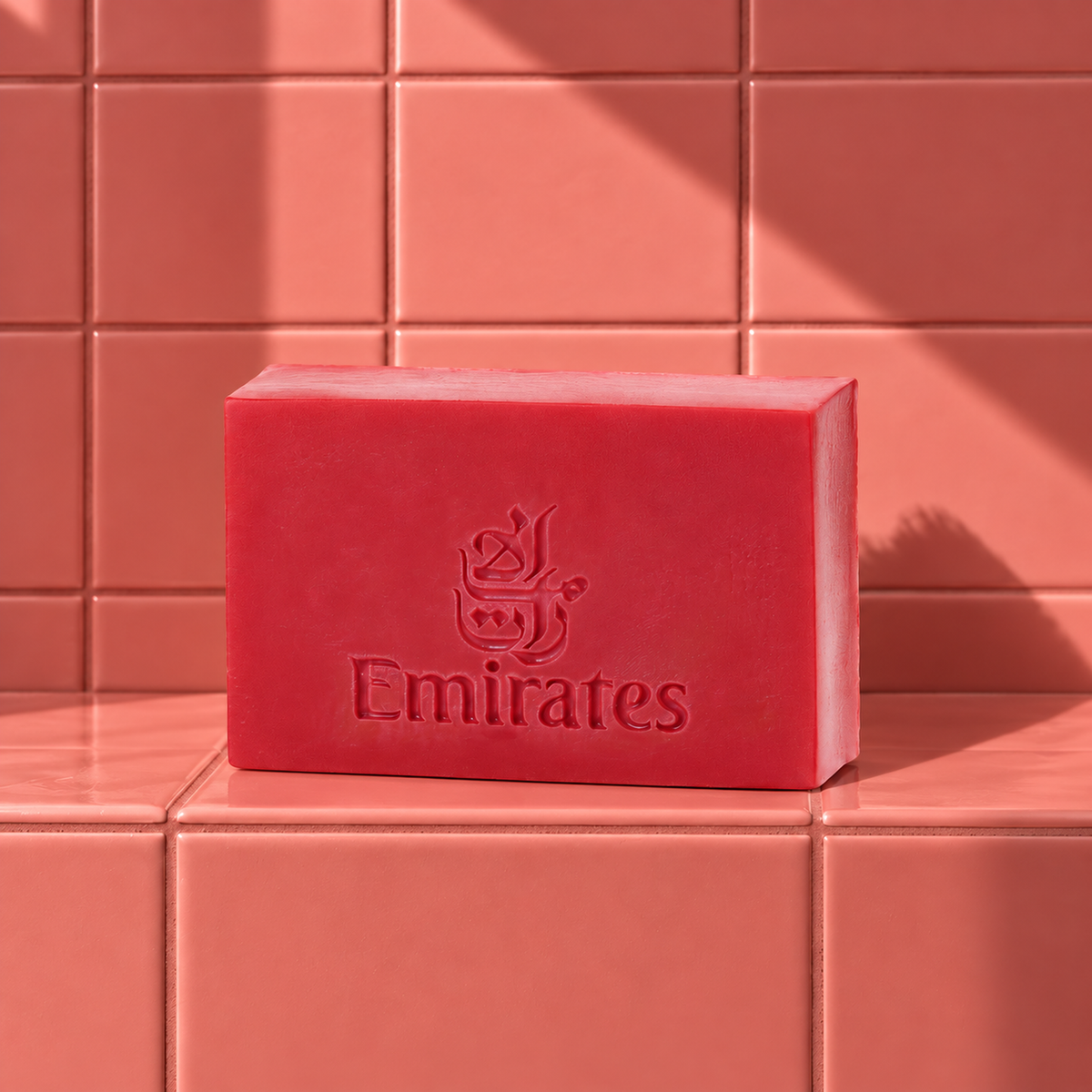 Red rectangle bar soap laser engraved with a brand logo, 3.25 oz