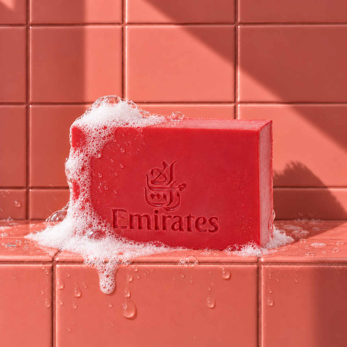 Red rectangle bar soap laser engraved with a brand logo, 3.25 oz, with soap bubbles