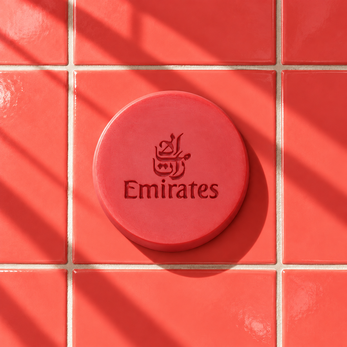 Red round bar soap laser engraved with a brand logo, 3.6 oz