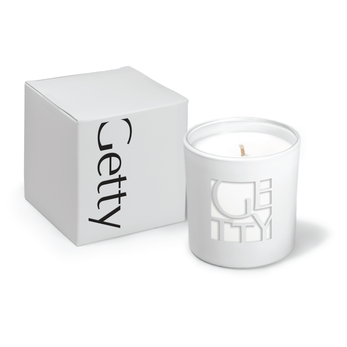 White gift box, lid off, paired with a white 9 oz candle