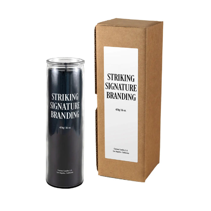 Black Prayer candle in a clear container with 'Striking Signature Branding' text, next to a cardboard box on a white background.