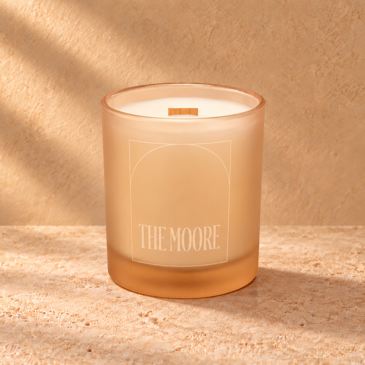 Sand 14 oz. Luxury Engraved Candle with a custom engraved logo, unlit.