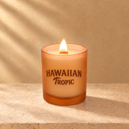 Sand 14 oz. Luxury Printed Candle lit with a printed custom logo, shown on a matching sand background.