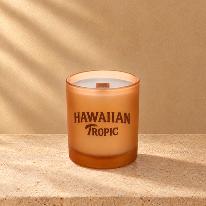 Sand 14 oz. Luxury Printed Candle with a custom printed logo, unlit.