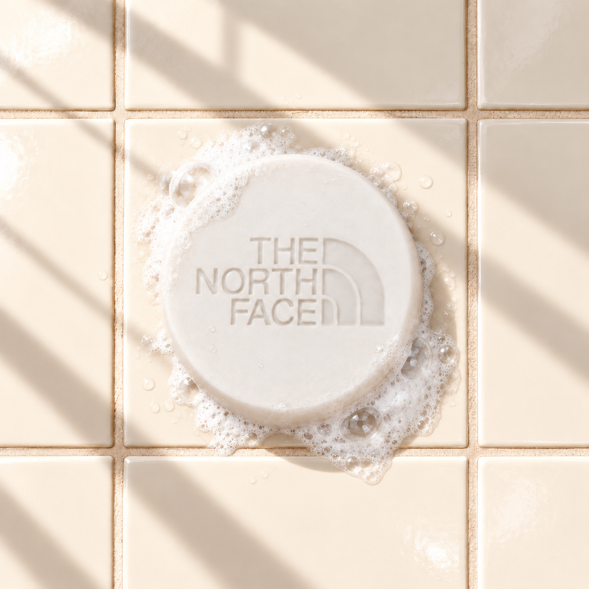 White round bar soap laser engraved with a brand logo, 3.6 oz, with soap bubbles