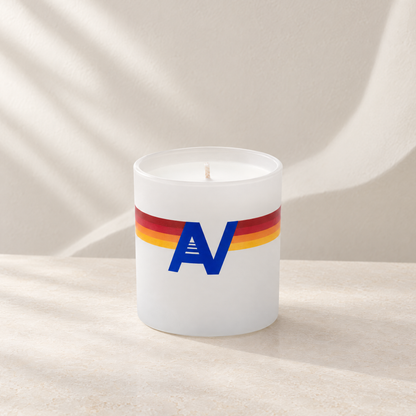 Matte white 9 oz. Classic Printed Candle with a custom printed logo, unlit.