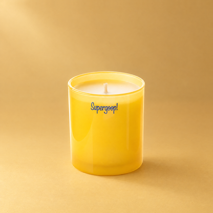 Yellow 9 oz. Classic Printed Candle with a custom printed logo, unlit.