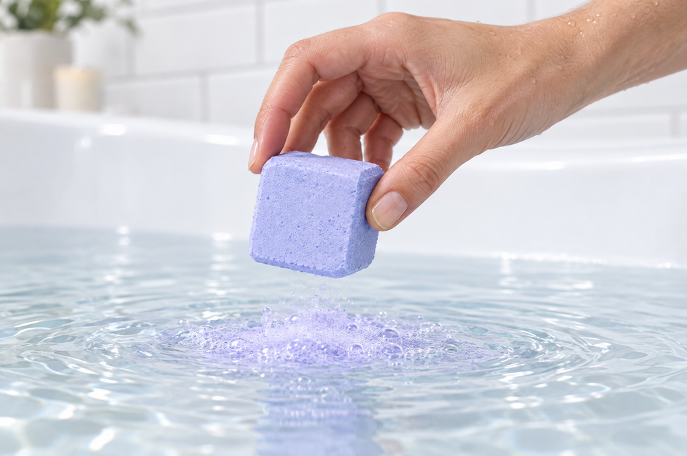 Hand dropping a square lavender bath bomb into bathtub water as it begins to fizz