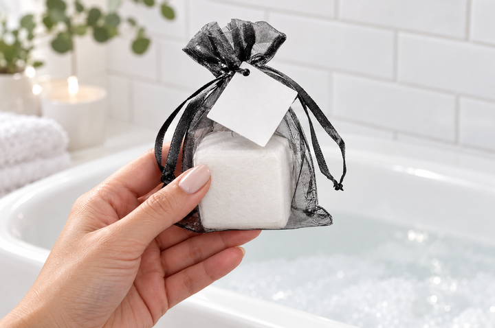 Hand holding a square bath bomb in an organza bag with a hang tag above a bathtub