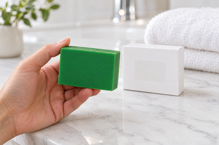 Hand holding a green rectangle bar soap beside its white gift box on a marble counter