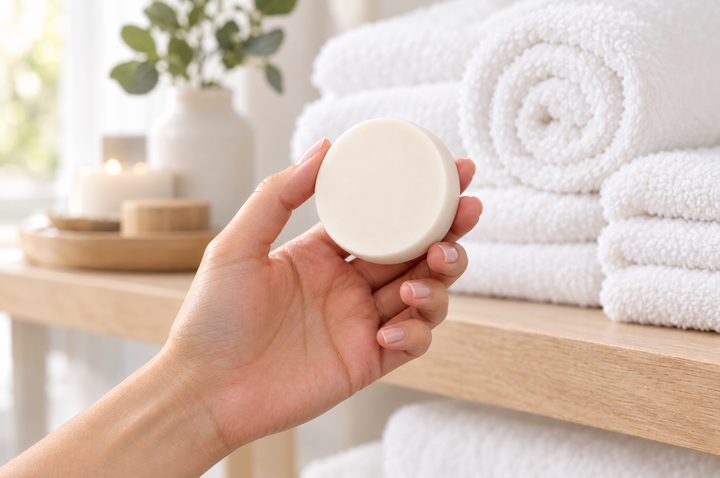 Hand holding a cream-white round bar soap in front of a stack of white spa towels