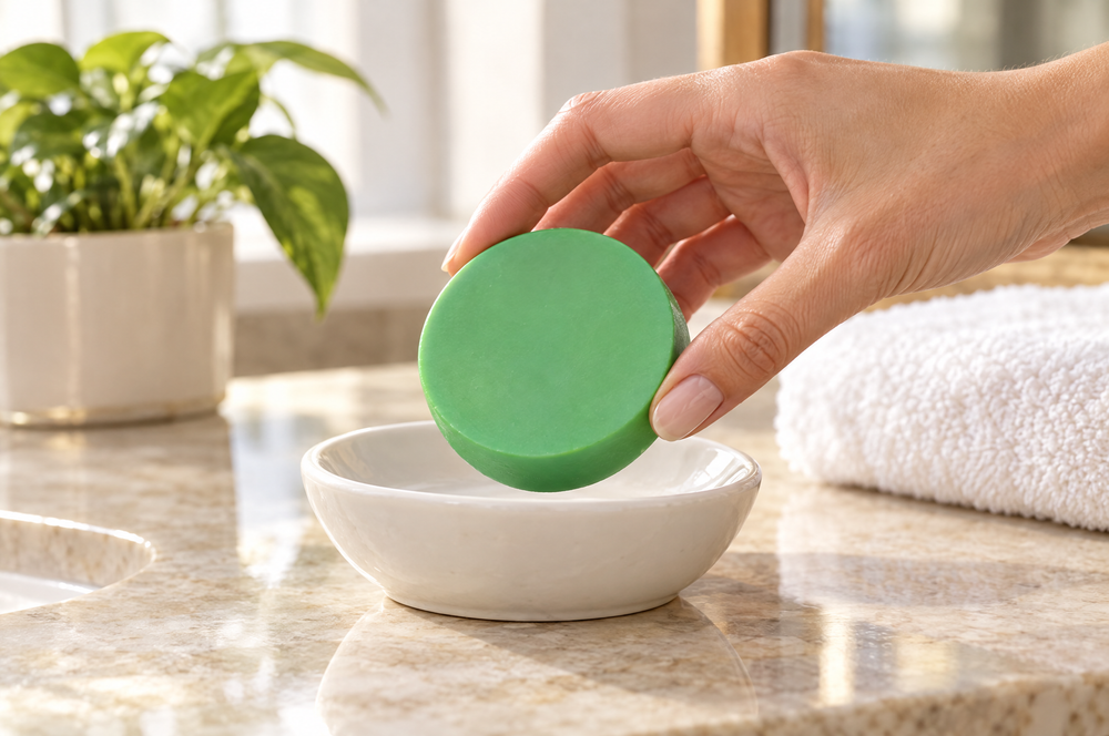 Hand lifting a green round bar soap from a white dish on a guest bathroom vanity