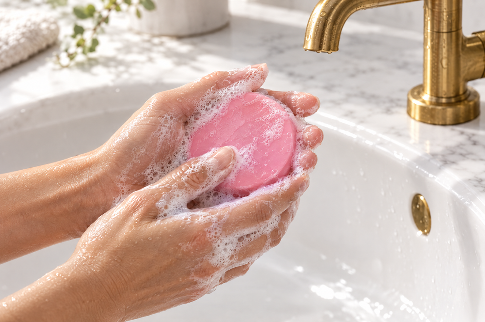 Hands lathering a pink round bar soap over a white sink with a brass faucet