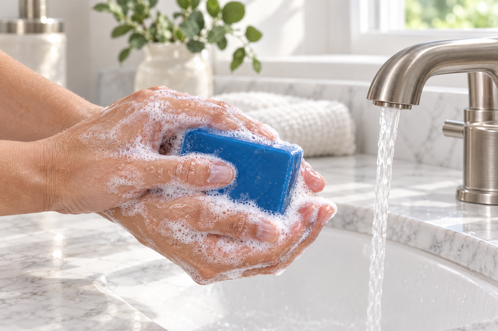 Hands washing with a blue rectangle bar soap, rich lather, over a marble sink