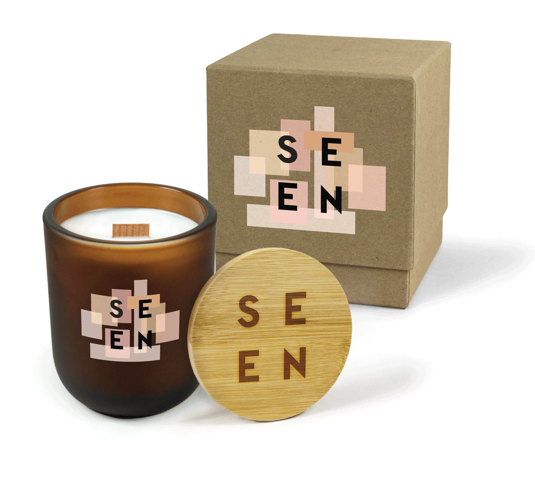A 12 oz Luxe Custom Candle in the color “Cacao” which is an amber brown from Custom Candles LA. The candle features a wood wick and 4-color printed logo for “SEEN” on top of various square in shades of pink on the front of the glass. Leaning against the side of the candle is a bamboo candle lid etched with the “Seen” logo. In the background, there is a kraft 2-piece box 4-color printed with the “Seen” logo on top of squares in shades of pink.