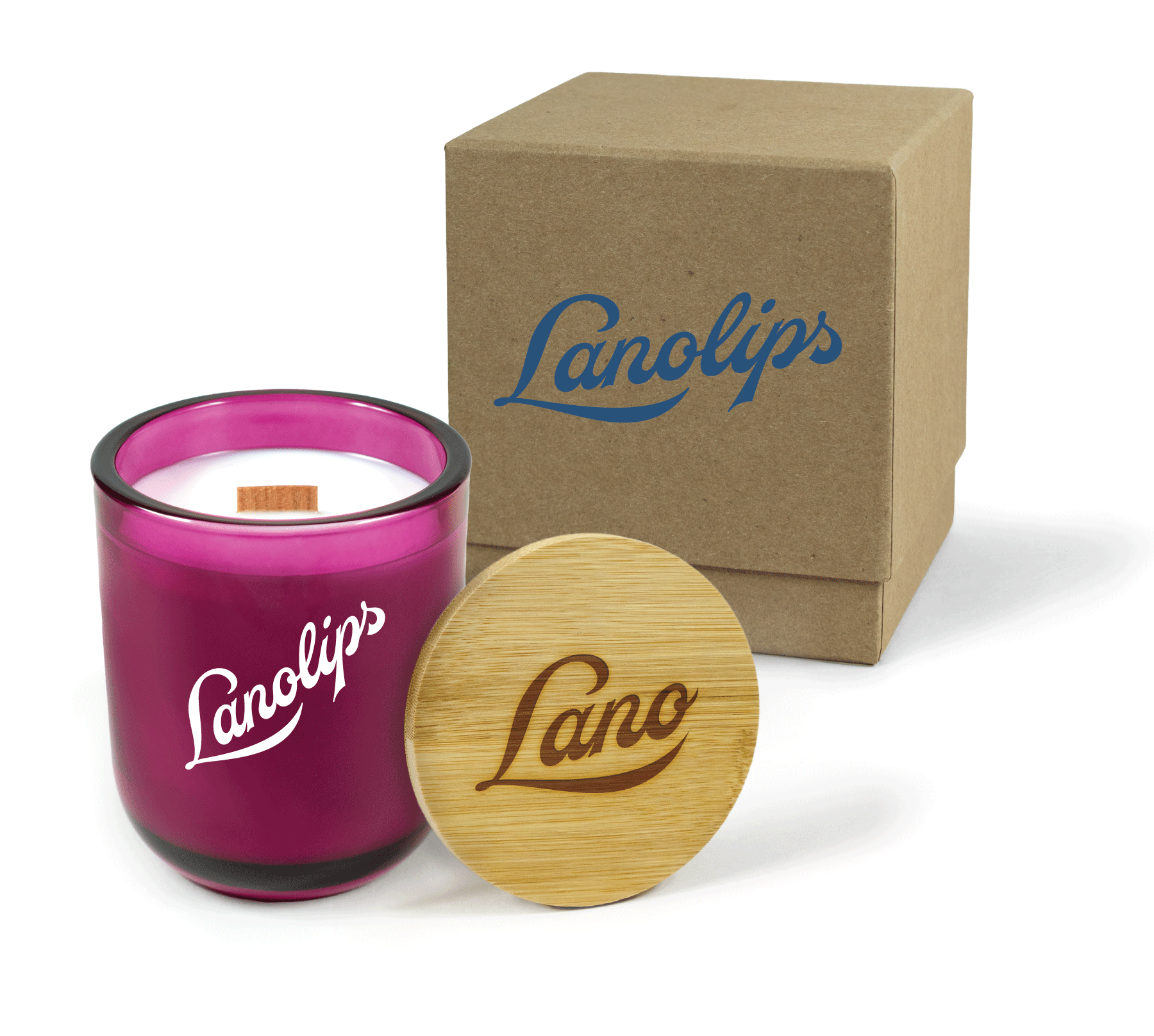 A 12 oz Luxe Custom Candle in the color “Cherry Kiss” which is a juicy magenta from Custom Candles LA. The candle features a wood wick and white imprinted logo for “Lanolips” on the front of the glass. Leaning against the side of the candle is a bamboo candle lid etched with the “Lano” logo. In the background, there is a kraft 2-piece box 4-color printed with a blue “Lanolips” logo.