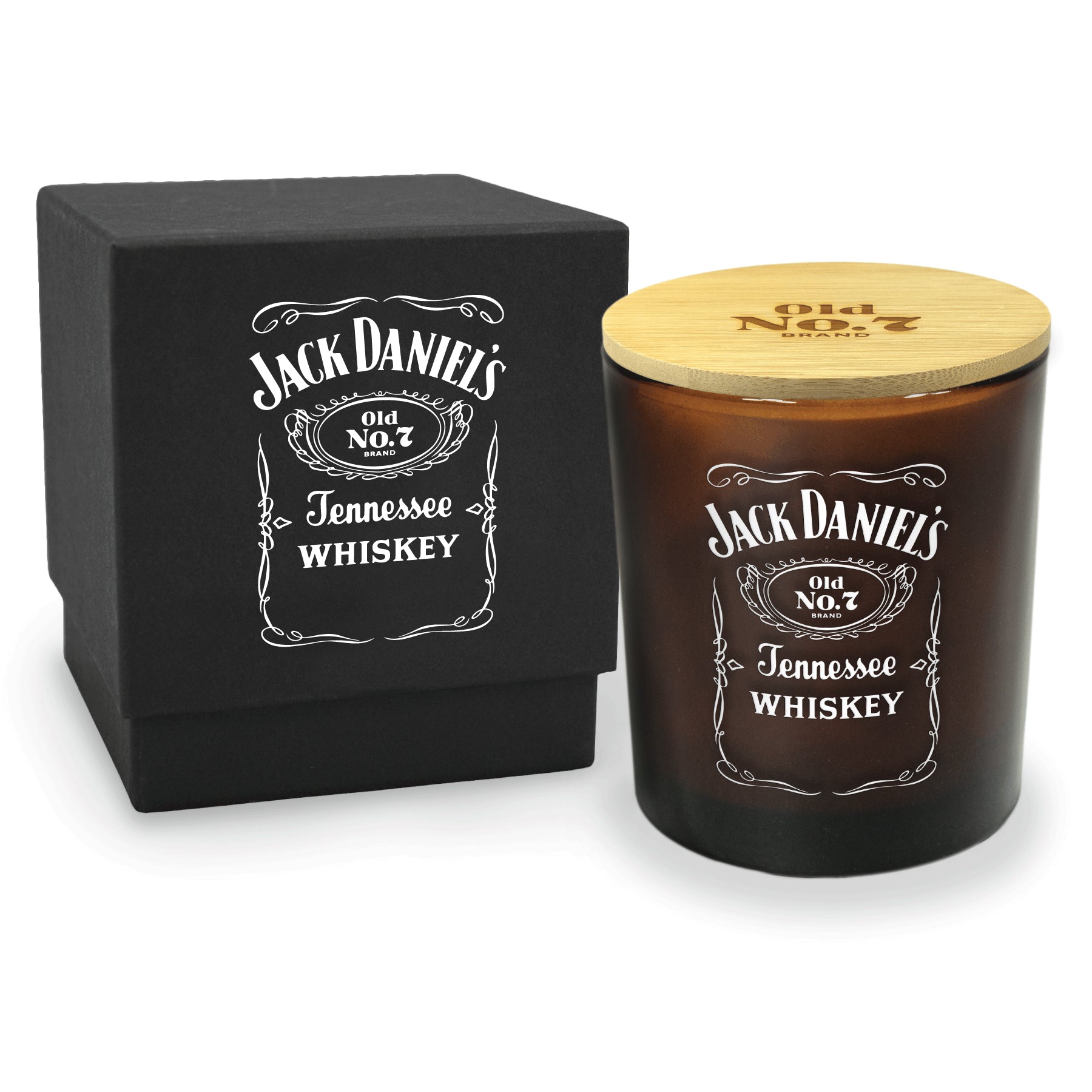14 oz amber luxury candle with black gift box and bamboo lid on, featuring custom branding