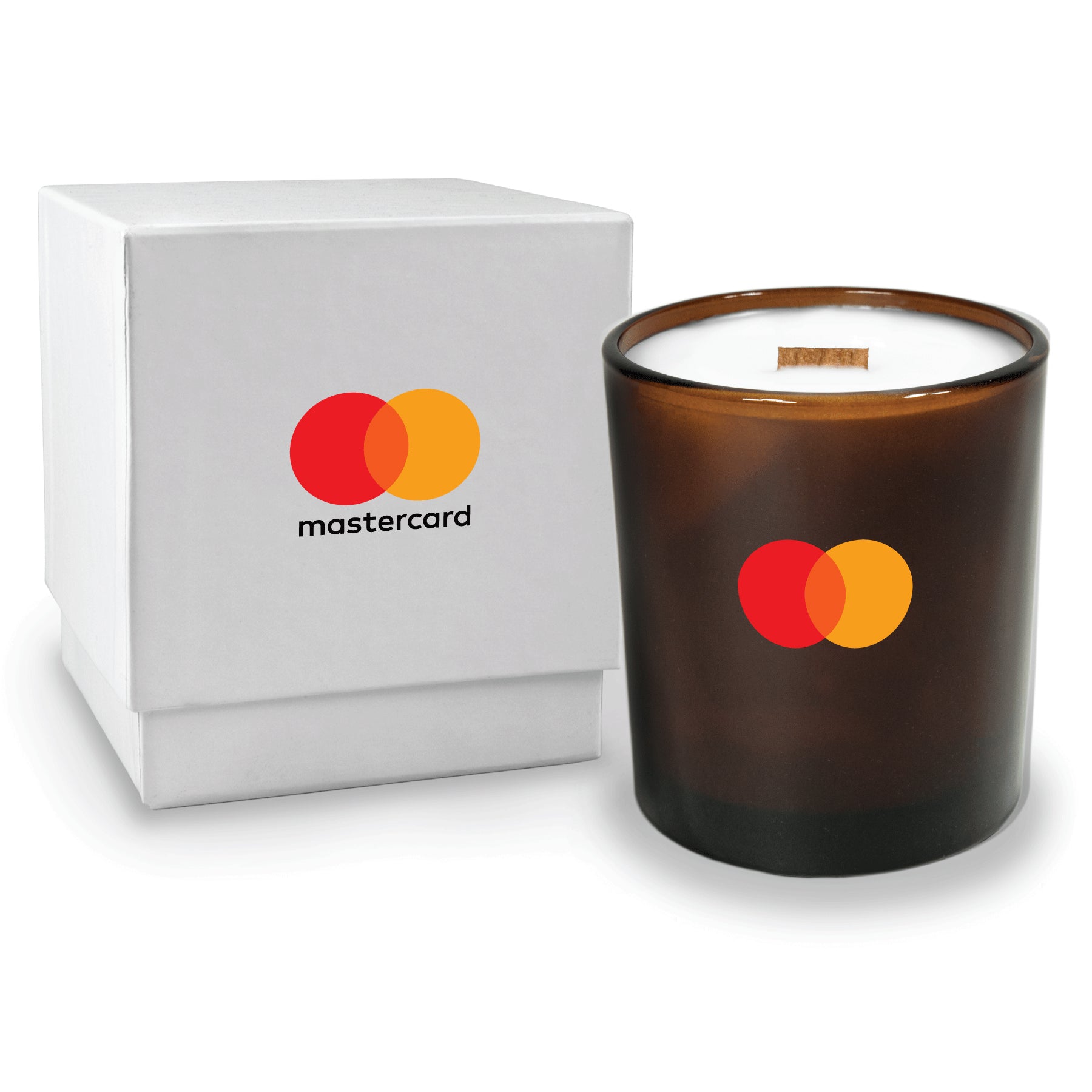 14 oz amber luxury candle with white gift box without lid, showing custom branding