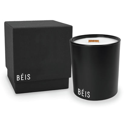 14 oz luxury black soy candle with wooden wick in white wax and Black gift box  decorated with matching small white logos on their bottom left