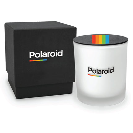 14 oz frosted glass luxury candle with elegant gift box and custom colorful logo printed on each, also featuring a matching colorful printed lid.