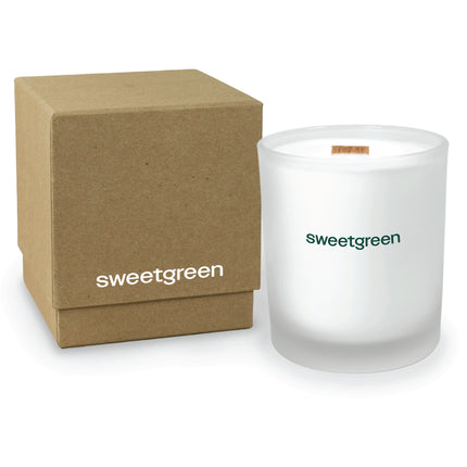 14 oz frosted glass luxury candle with elegant kraft gift box both with matching imprints. The candle is printed using a deep emerald green color.