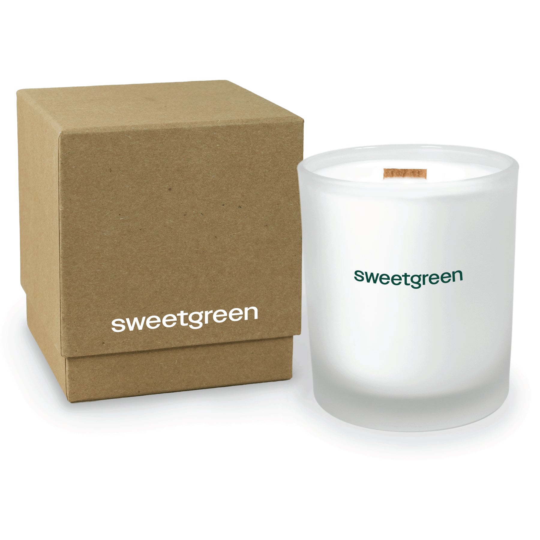 14 oz frosted glass luxury candle with elegant kraft gift box both with matching imprints. The candle is printed using a deep emerald green color.