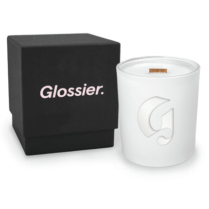 14 oz engraved luxury white soy candle with wooden wick and black gift box, 